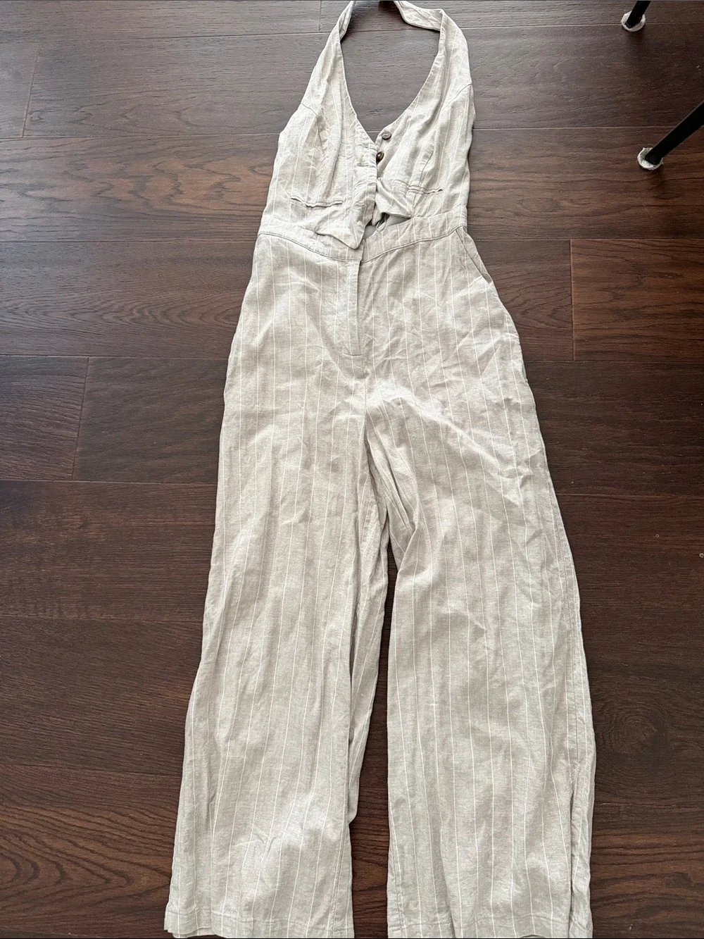 Zara Cream Pinstripe Halter Wide-Leg Jumpsuit